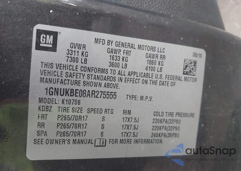 2010 Chevrolet Tahoe Lt from USA, damaged, VIN 1GNUKBE08AR275555
